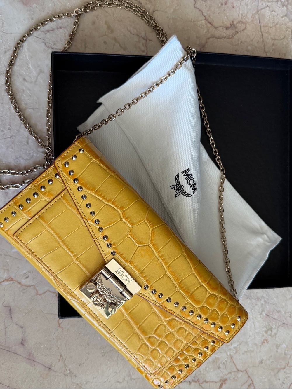 MCM Mustard Yellow Croc-Embossed Mini Chain Shoulder Bag - USED TWICE - Picture 3 of 7